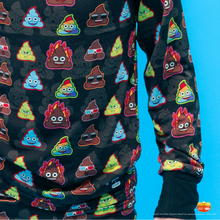 Load image into Gallery viewer, Black pajama set with colorful emoji-style poop designs on a blue background