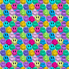 Load image into Gallery viewer, Pattern of colorful smiley faces and hearts on a multicolored background