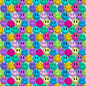 Pattern of colorful smiley faces and hearts on a multicolored background