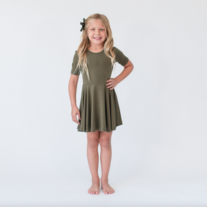 Olive Green Quarter Sleeve Twirl Dress