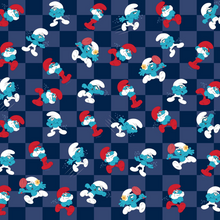 Load image into Gallery viewer, Pattern of cartoon characters on a checkered blue background
