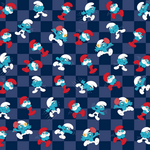 Pattern of cartoon characters on a checkered blue background