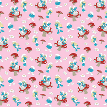 Load image into Gallery viewer, Smurfs Official Pattern with a pink background with mushrooms and flowers.