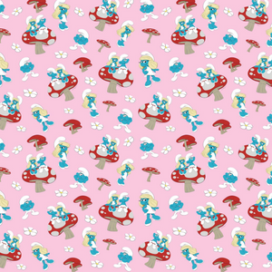 Smurfs Official Pattern with a pink background with mushrooms and flowers.