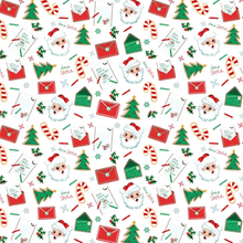 Load image into Gallery viewer, Christmas-themed pattern with Santa Claus, trees, and envelopes on a white background