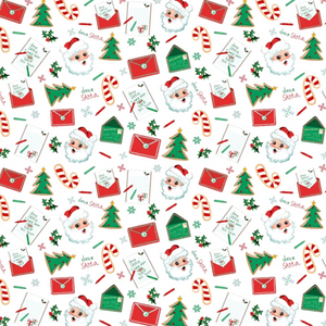 Christmas-themed pattern with Santa Claus, trees, and envelopes on a white background