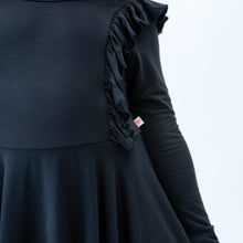 Load image into Gallery viewer, Jet Black Long Sleeve Ruffle Twirl Dress