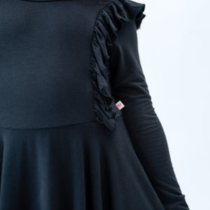 Jet Black Long Sleeve Ruffle Twirl Dress