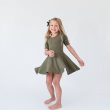 Load image into Gallery viewer, Olive Green Quarter Sleeve Twirl Dress