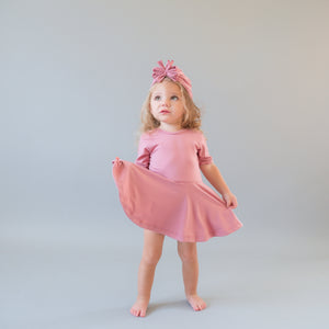 Dusty Pink Quarter Sleeve Twirl Dress